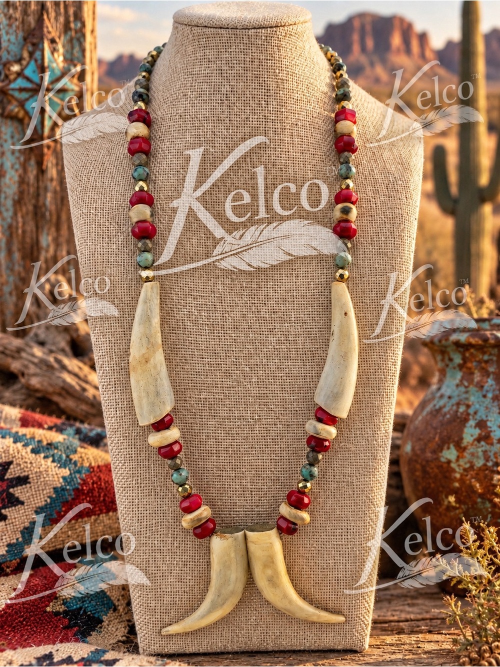 Southwest Coral & African Turquoise Statement necklace 26-30”
